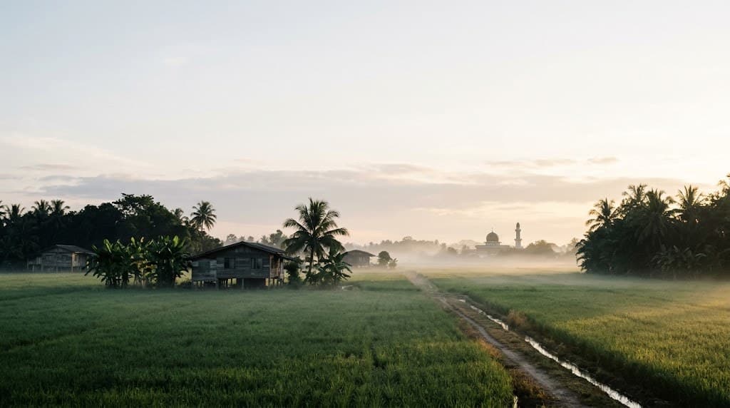 Sawah padi dan kampung pada waktu subuh