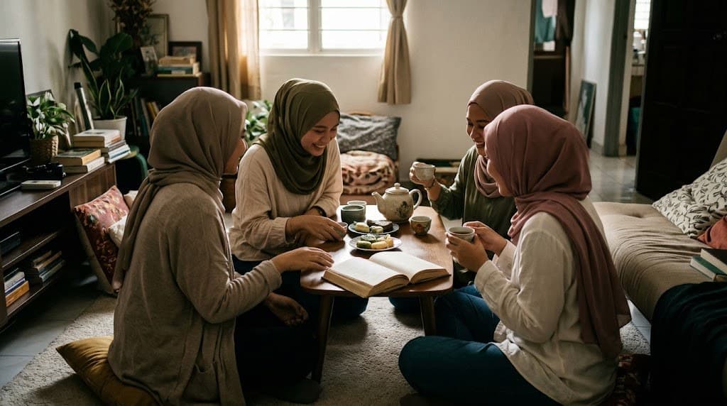 Wanita bertudung duduk berbual di ruang tamu