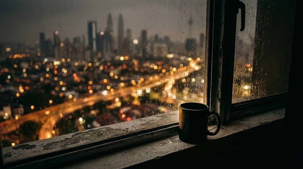 Pemandangan bandar waktu malam dari tingkap, dengan sebiji mug