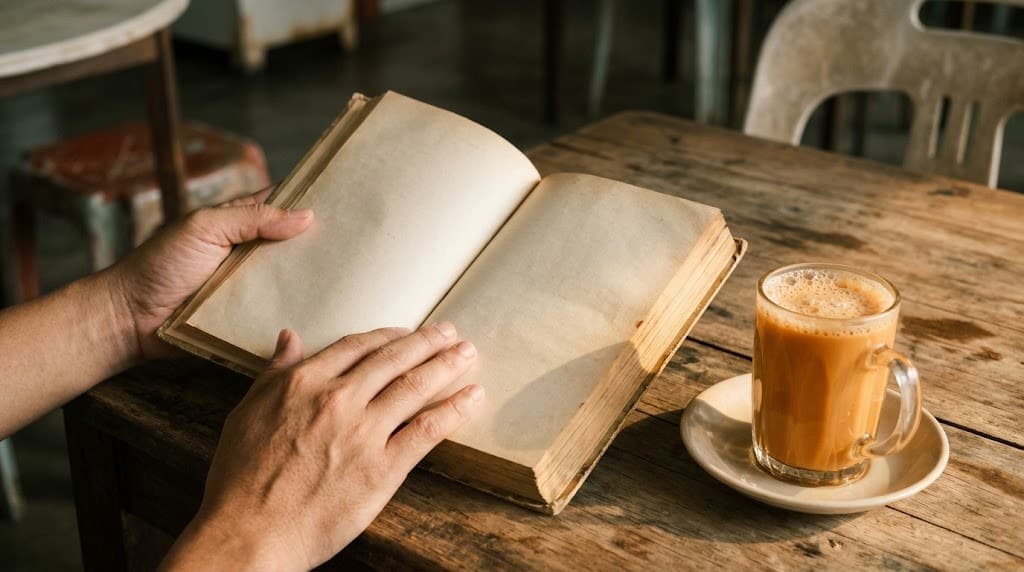 Tangan memegang buku terbuka di sebelah teh tarik