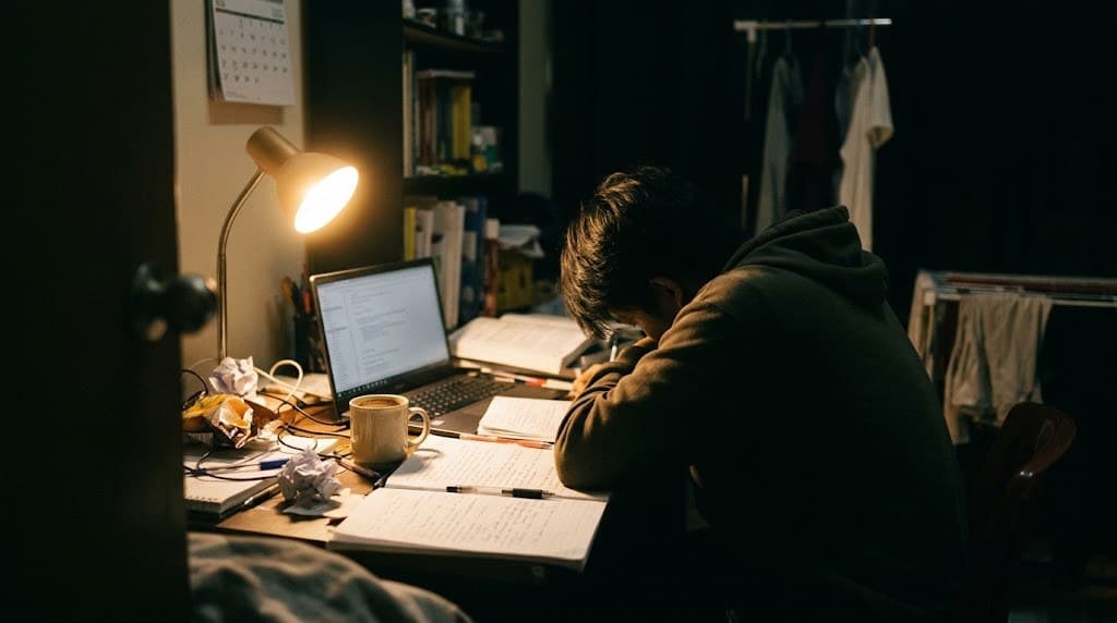 Pelajar tertunduk di meja belajar pada waktu malam