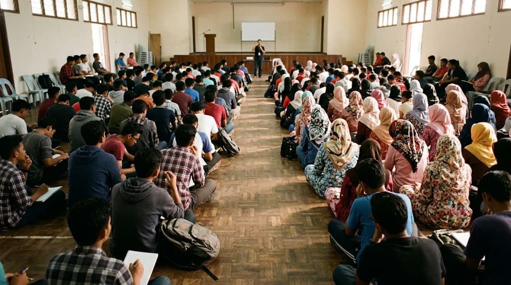 Ramai anak muda duduk di lantai dewan mendengar ceramah