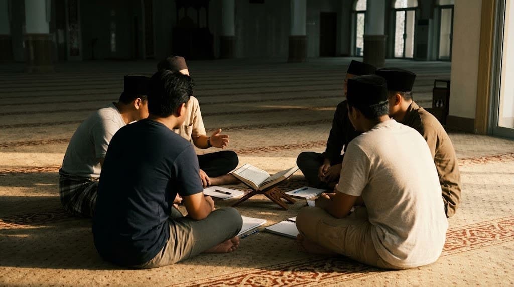 Lelaki muda duduk dalam bulatan di masjid dengan buku