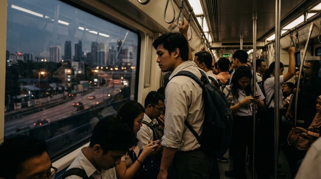 Pekerja dalam tren yang sesak